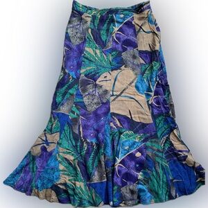 Colorful blue, purple, tan Rayon pencil flare skirt, size 10 | FORENZA